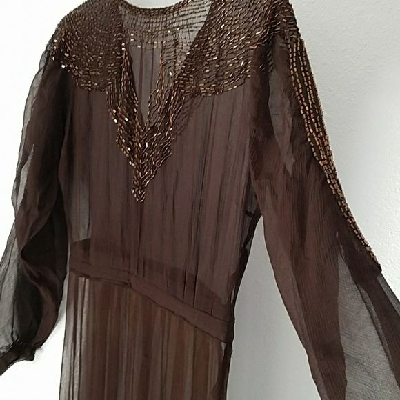 Vintage  1920s 1930s Brown and Copper Beaded Gown - Picture 6 of 7